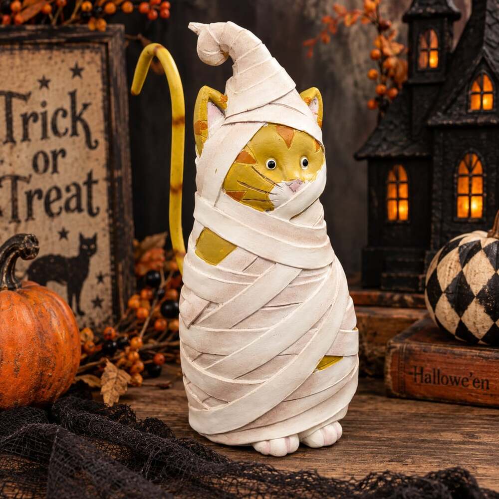 Orange Cat Mummy Figurine Halloween Decor Spring Tail Witch Hat Primitive Vtg